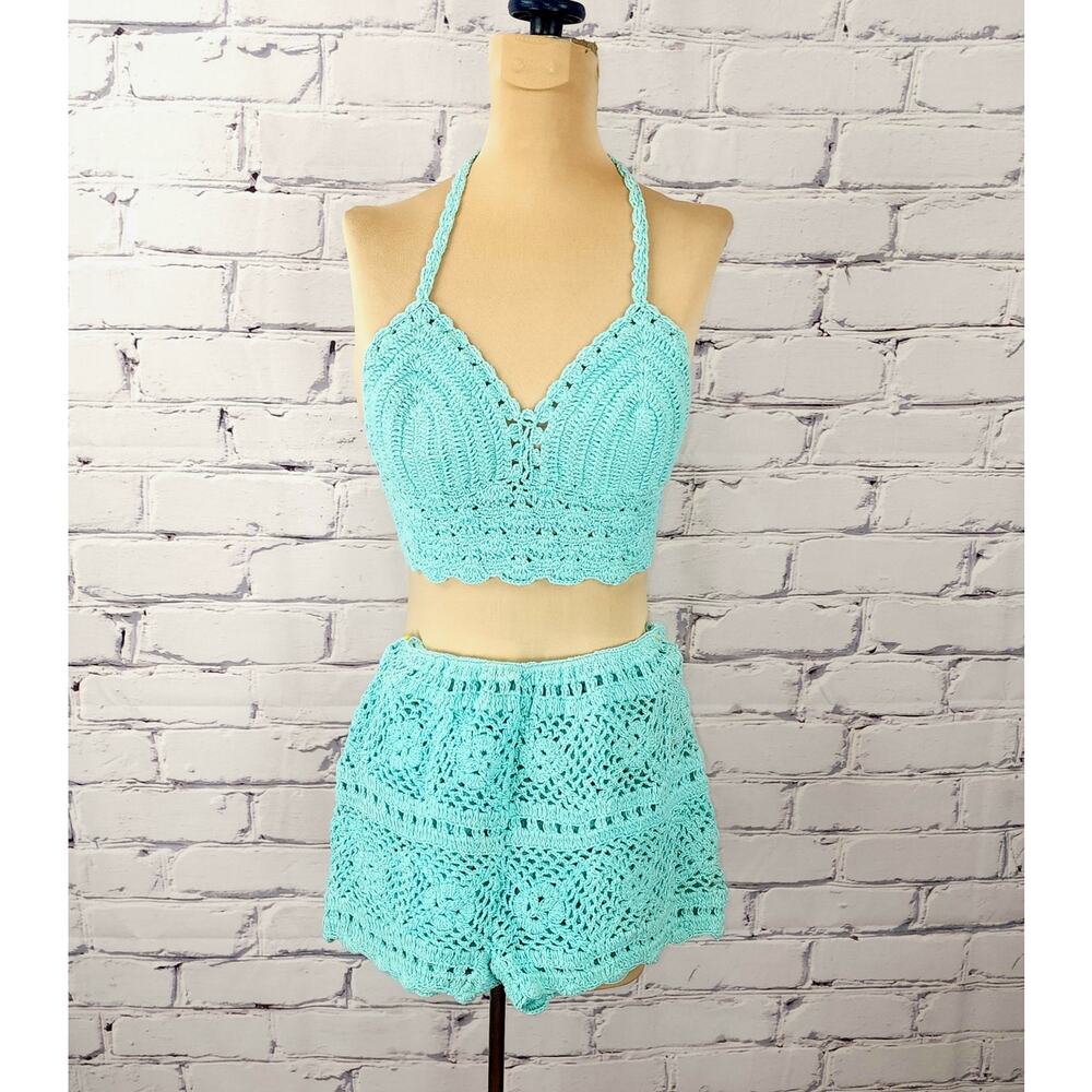 Crochet Set Shorts Halter Cardigan Womens S Teal Green Summer Beachy Tropical - Picture 3 of 12